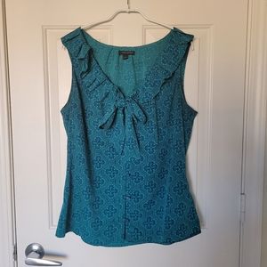 Banana Republic Teal Green block print ruffle tie neck button down blouse
